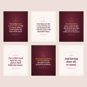 Six Armour of God KJV Bible verse wall art prints in burgundy, blush and gold